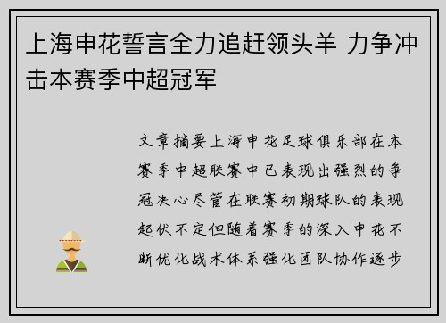 上海申花誓言全力追赶领头羊 力争冲击本赛季中超冠军