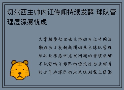 切尔西主帅内讧传闻持续发酵 球队管理层深感忧虑