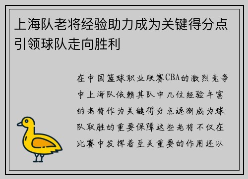 上海队老将经验助力成为关键得分点引领球队走向胜利
