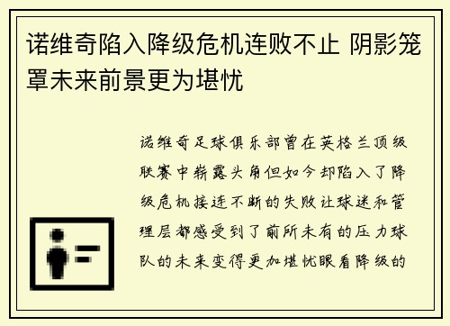 诺维奇陷入降级危机连败不止 阴影笼罩未来前景更为堪忧